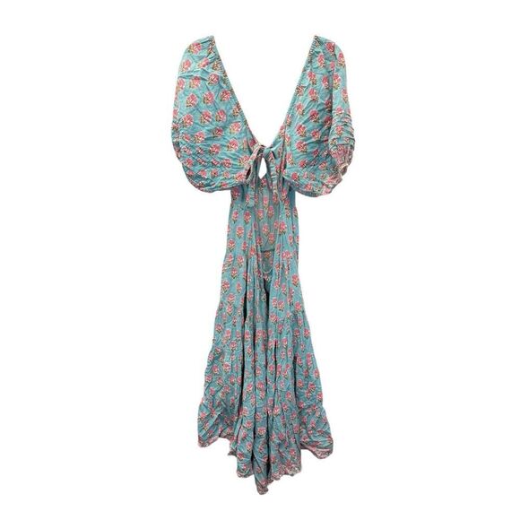 Saylor Annaleise Blue Dahlia Block Print Cotton Midi Dress Size M Boho Tie Back - Picture 9 of 14